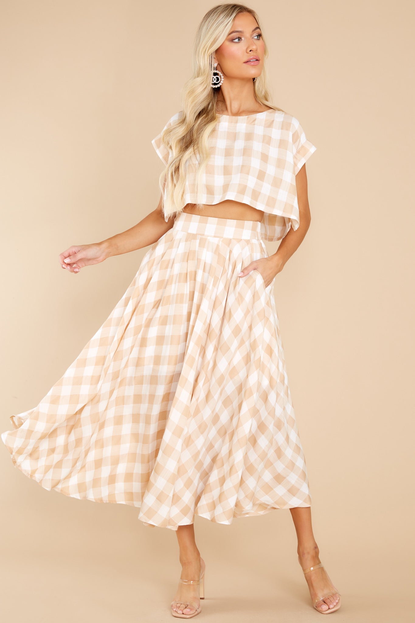 Leaps Of Time Beige Gingham Two Piece Set