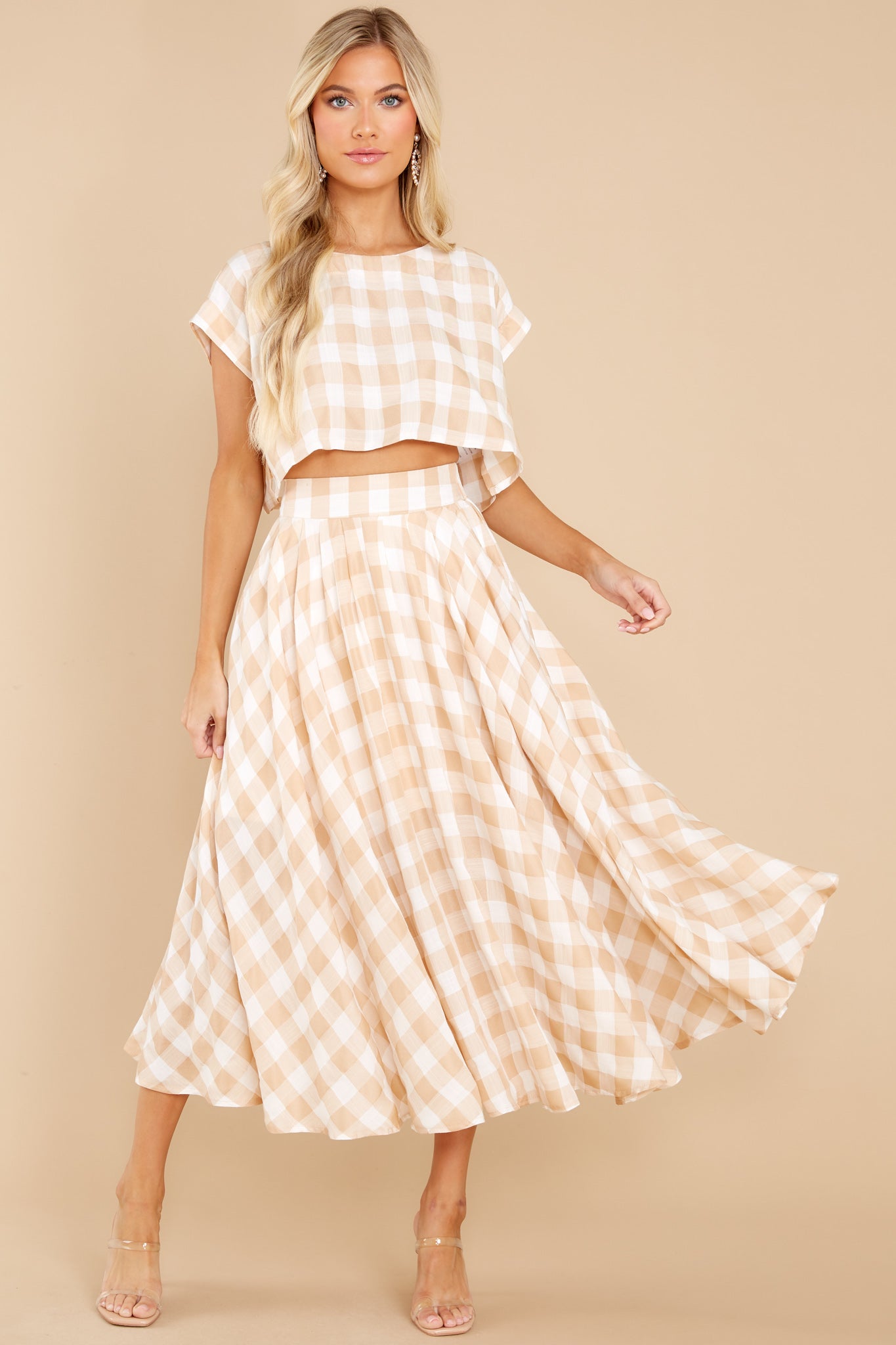 Leaps Of Time Beige Gingham Two Piece Set
