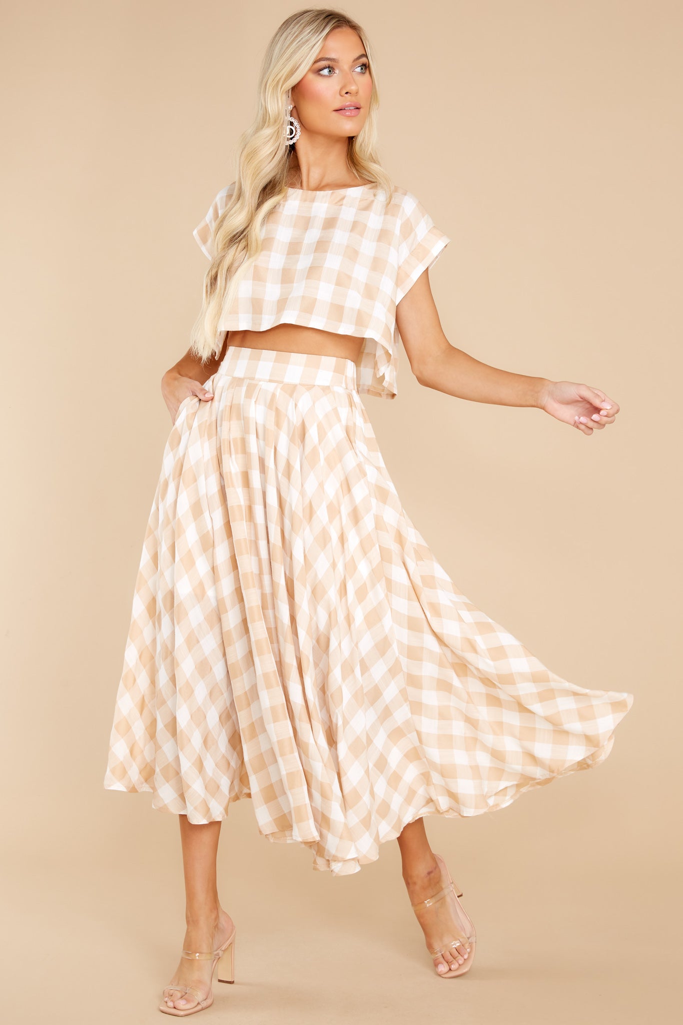Leaps Of Time Beige Gingham Two Piece Set