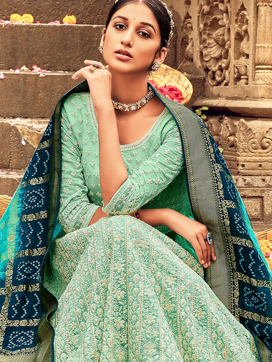 Aqua Green Georgette Lehenga Choli Having Lucknowi work and Banarasi Dupatta