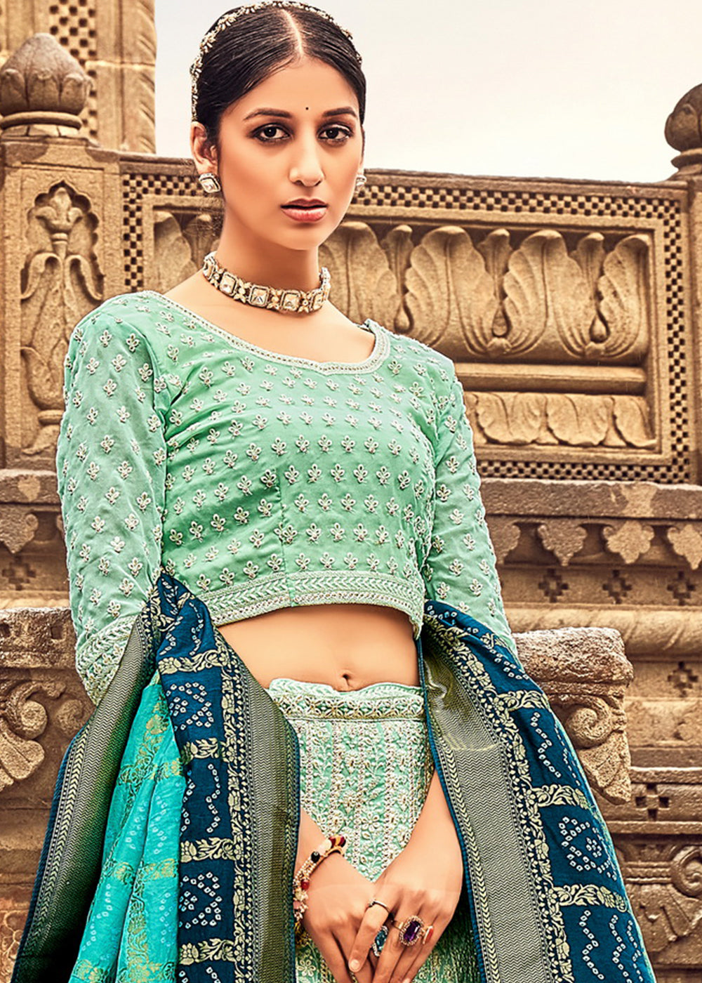 Aqua Green Georgette Lehenga Choli Having Lucknowi work and Banarasi Dupatta