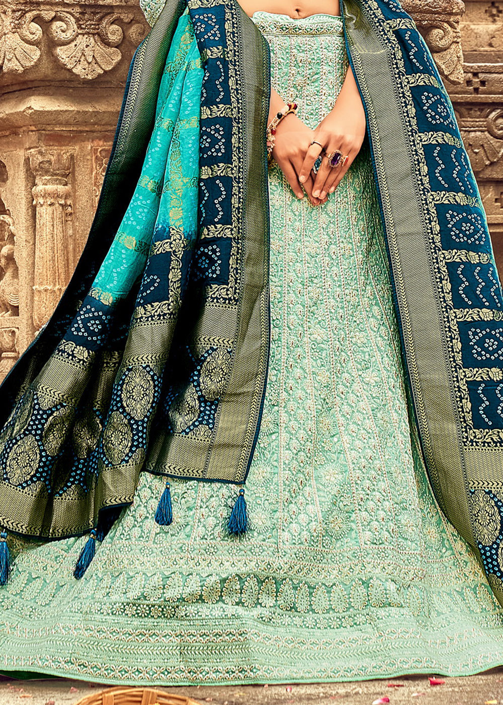 Aqua Green Georgette Lehenga Choli Having Lucknowi work and Banarasi Dupatta