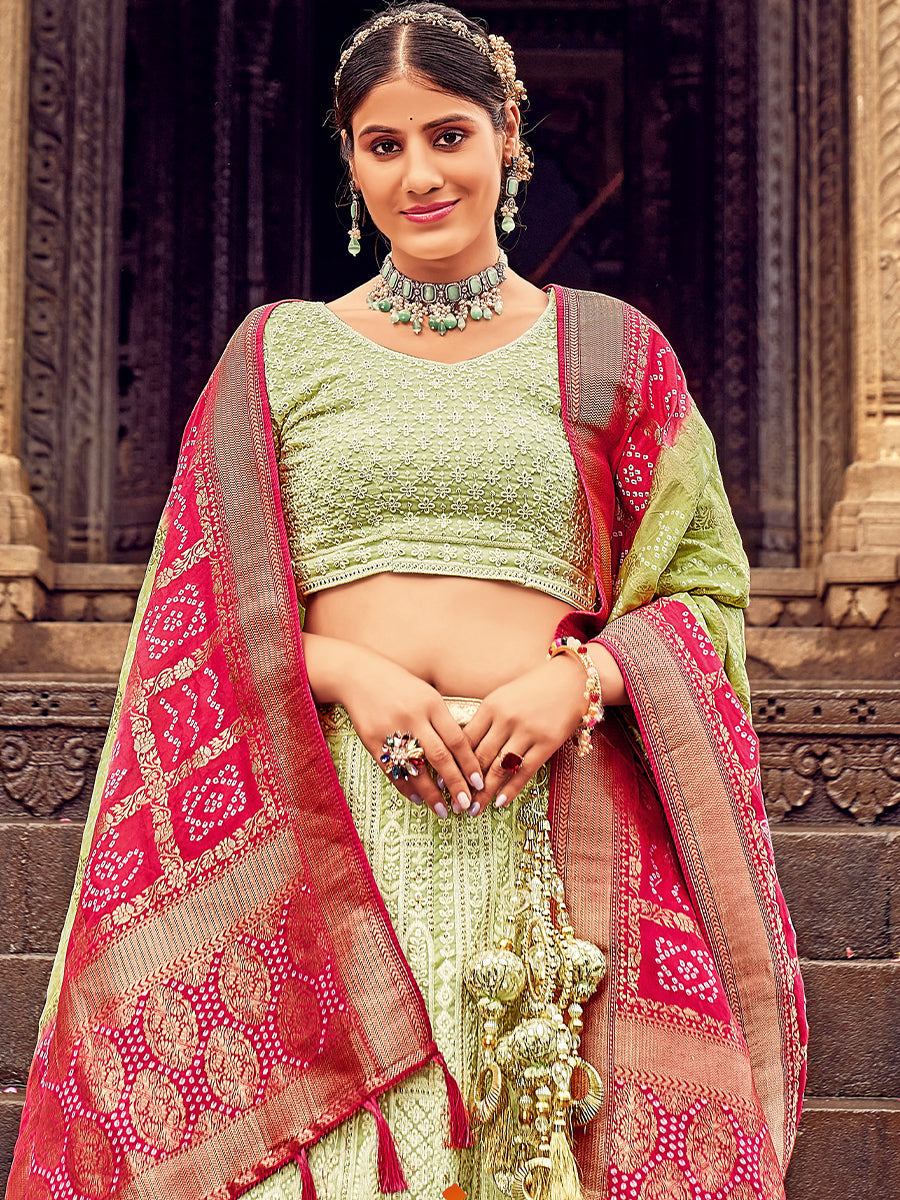 Light Green Georgette Lehenga Choli Having Lucknowi work and Banarasi Dupatta