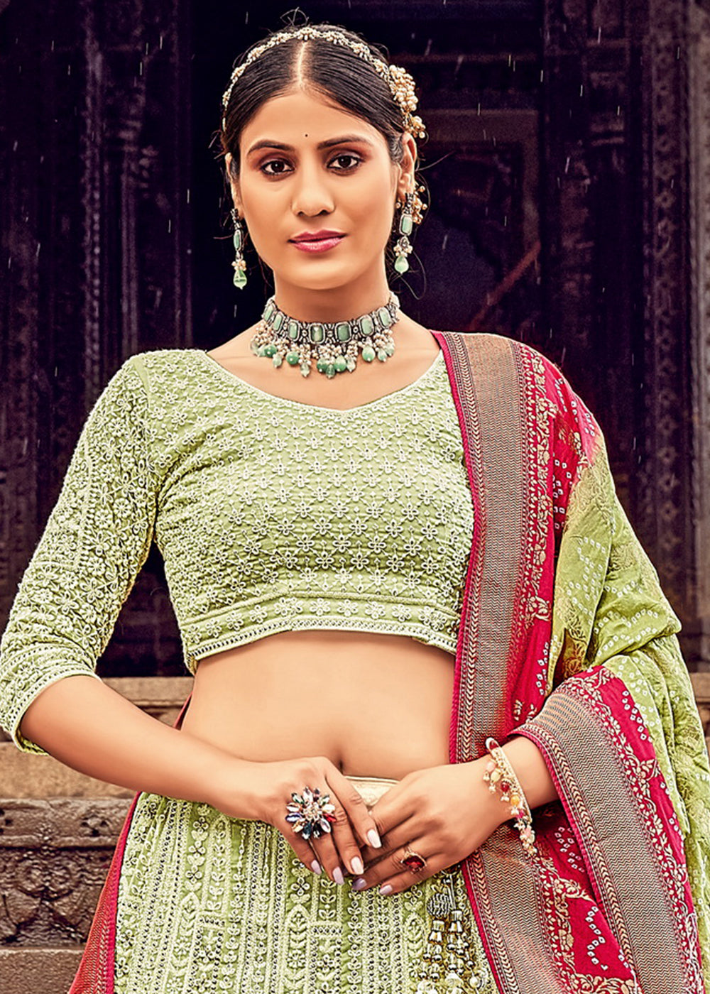 Light Green Georgette Lehenga Choli Having Lucknowi work and Banarasi Dupatta