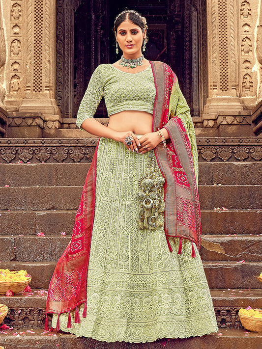 Light Green Georgette Lehenga Choli Having Lucknowi work and Banarasi Dupatta