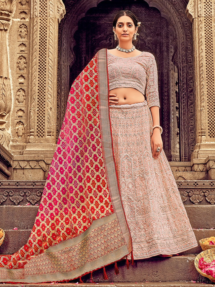 Lavender Pink Georgette Lehenga Choli Having Lucknowi work and Banarasi Dupatta