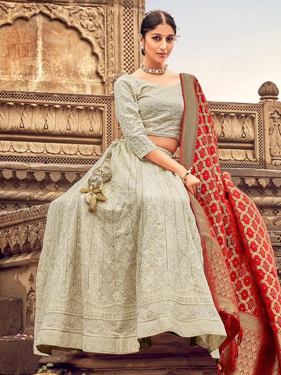 Light Grey Georgette Lehenga Choli Having Lucknowi work and Banarasi Dupatta