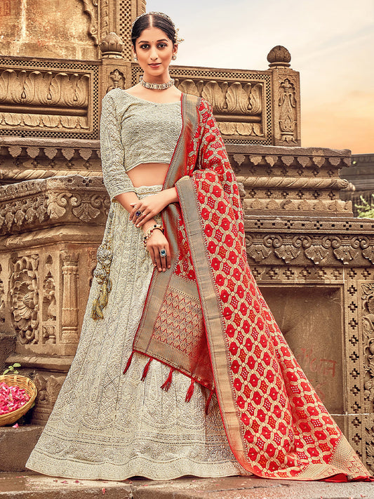 Light Grey Georgette Lehenga Choli Having Lucknowi work and Banarasi Dupatta