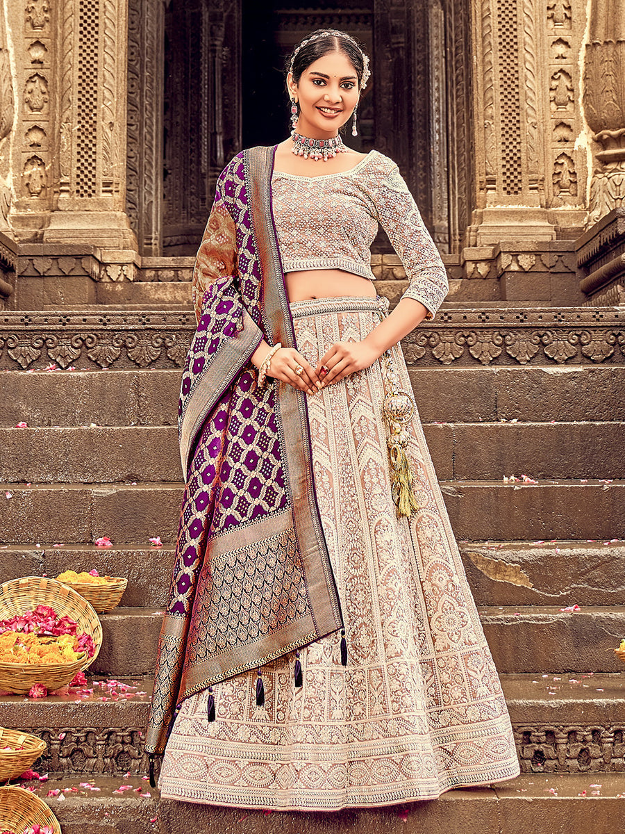 Shades Of Brown Georgette Lehenga Choli Having Lucknowi work and Banarasi Dupatta