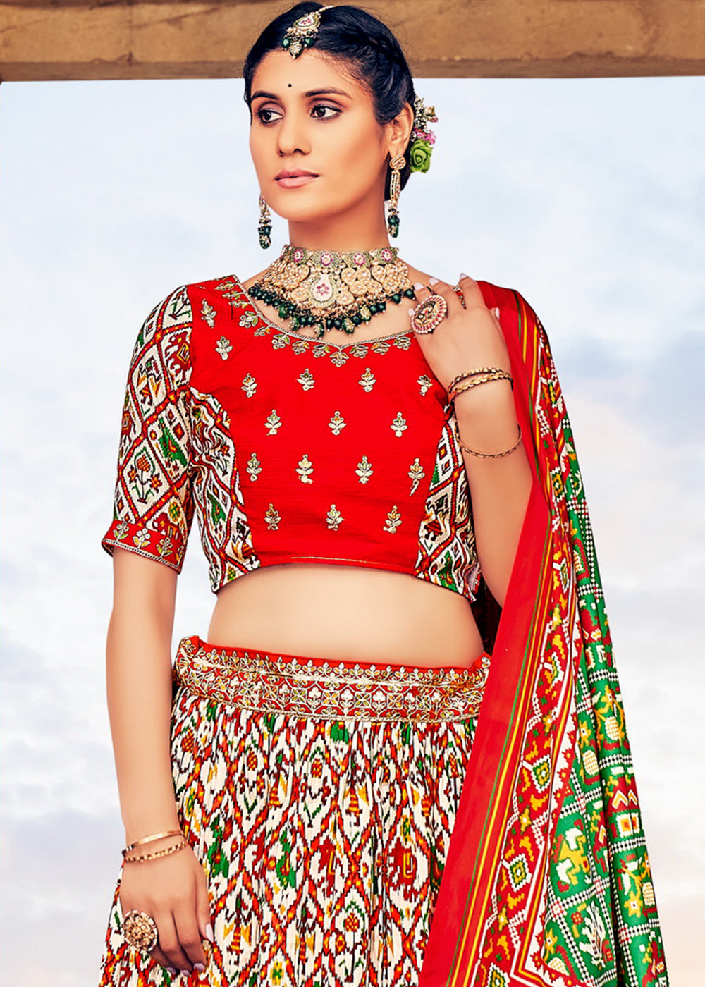 White & Red Patola Printed Banarasi Silk Lehenga Choli with Embroidery Work