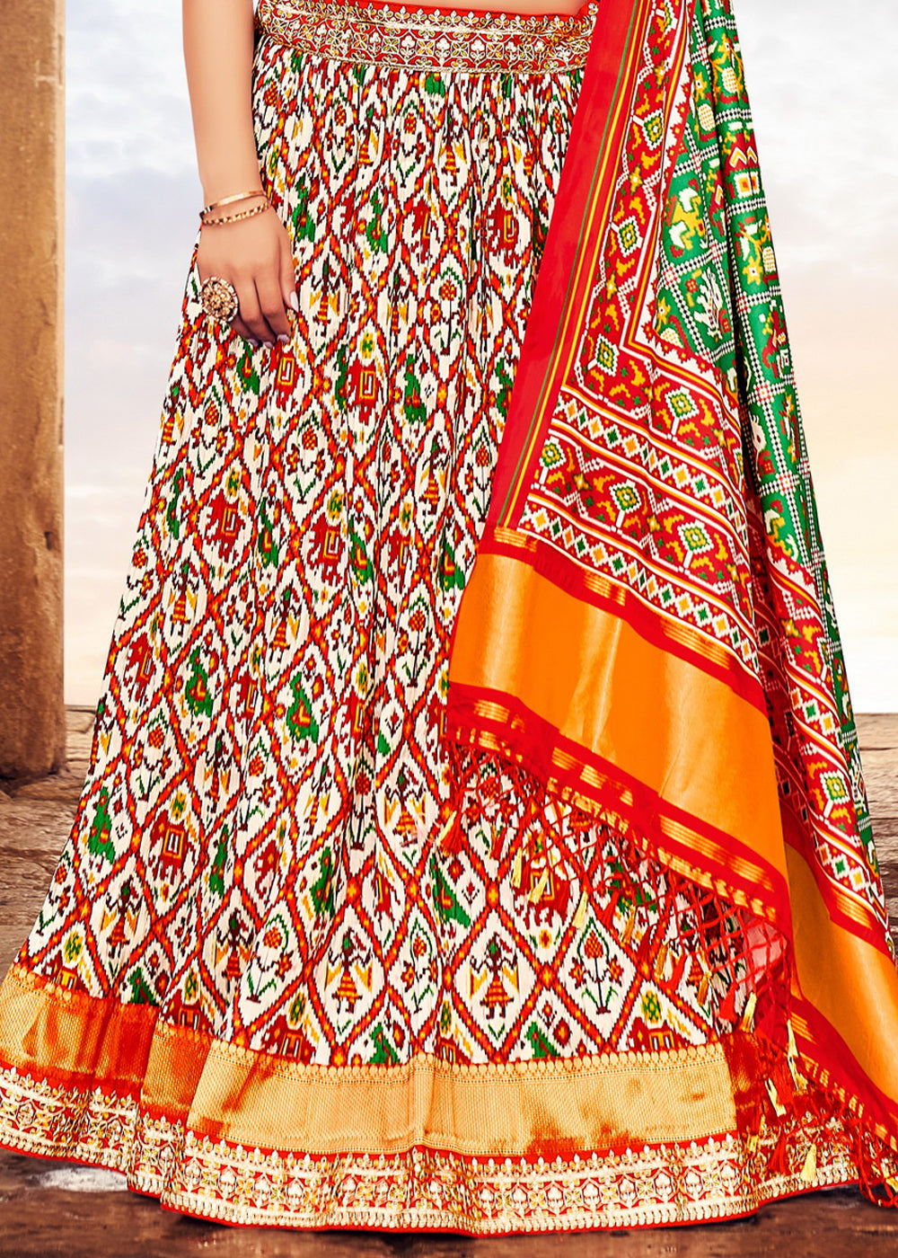 White & Red Patola Printed Banarasi Silk Lehenga Choli with Embroidery Work