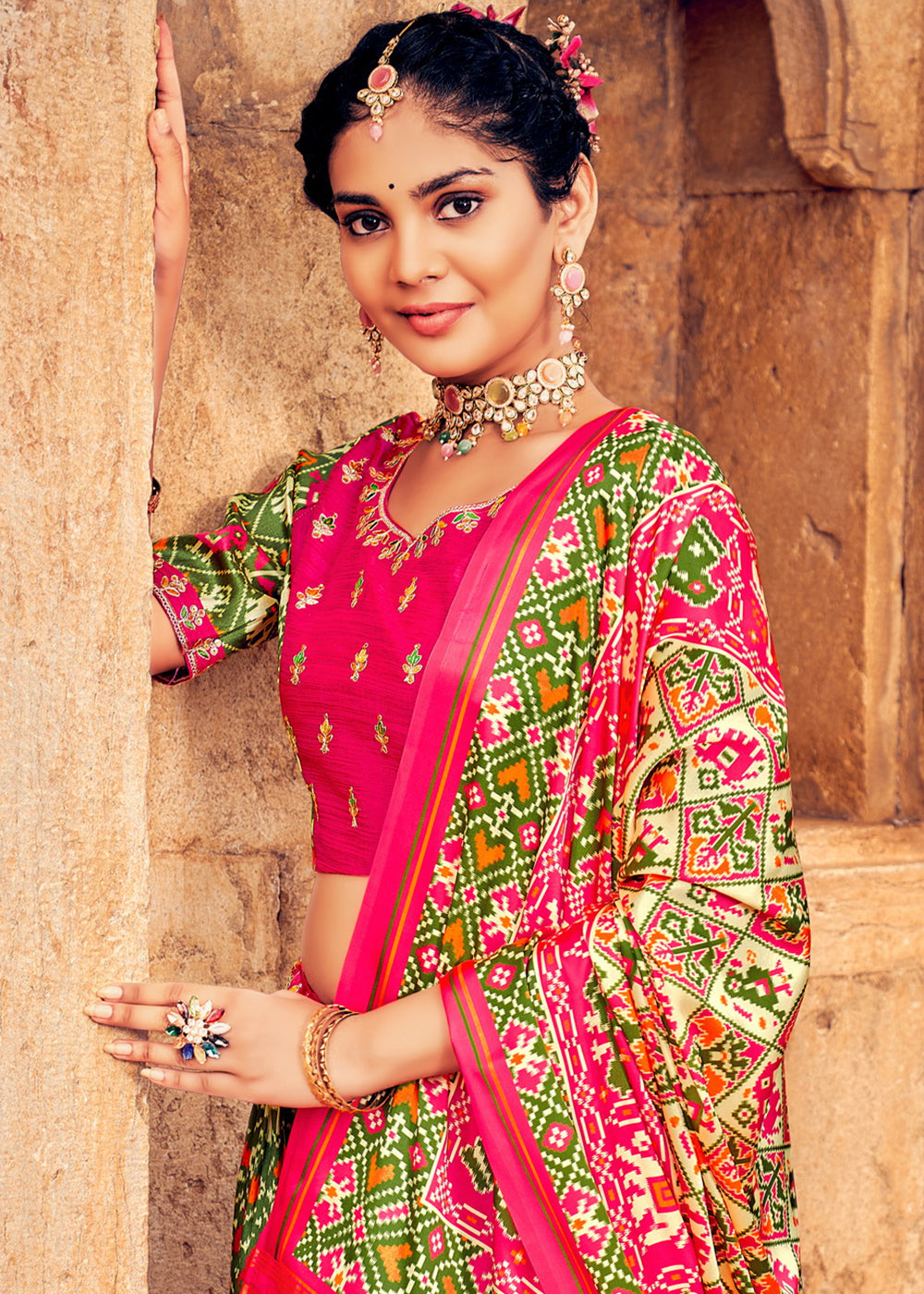 Green & Pink Patola Printed Banarasi Silk Lehenga Choli with Embroidery Work