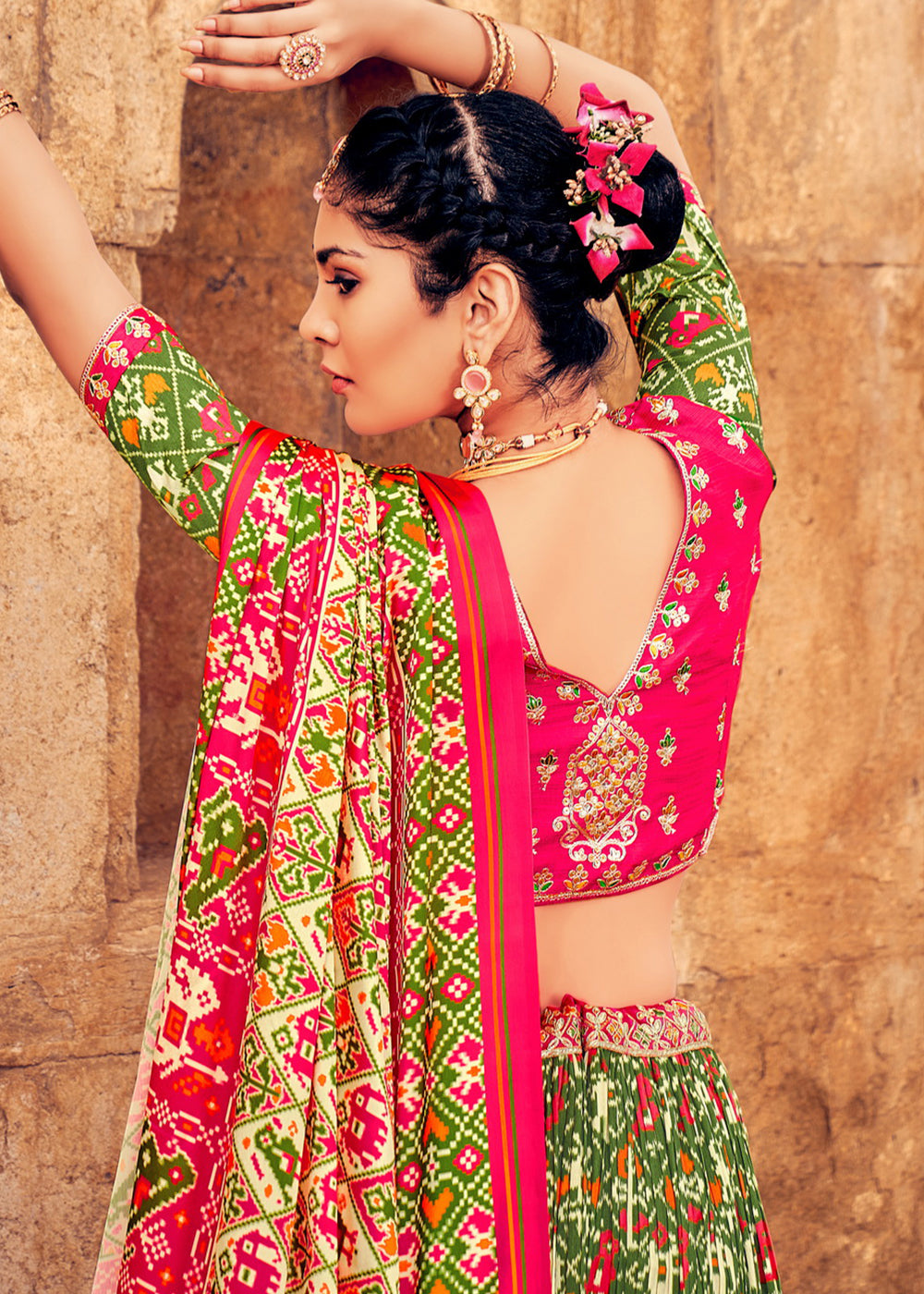 Green & Pink Patola Printed Banarasi Silk Lehenga Choli with Embroidery Work