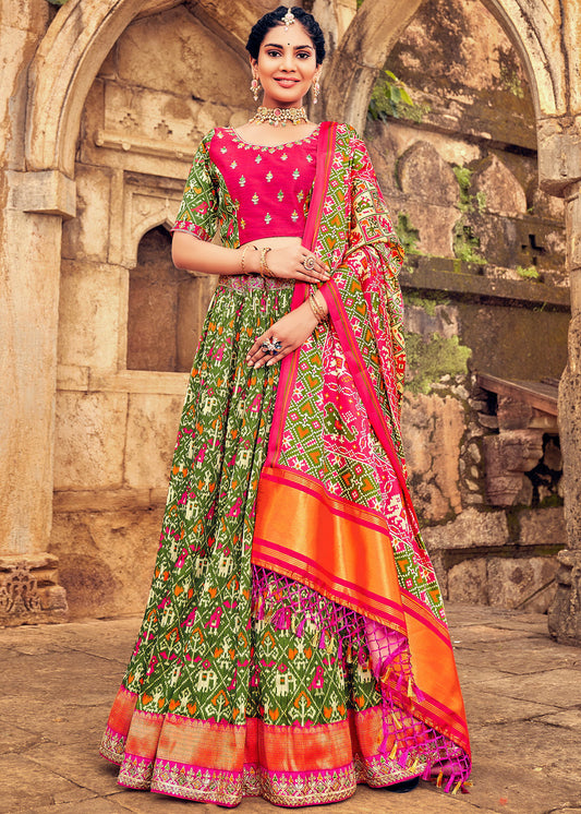 Green & Pink Patola Printed Banarasi Silk Lehenga Choli with Embroidery Work