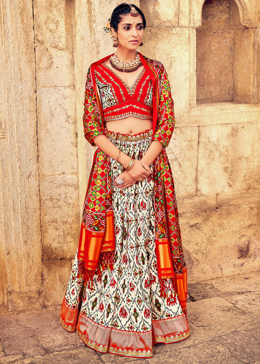 White & Red Patola Printed Banarasi Silk Lehenga Choli with Embroidery Work