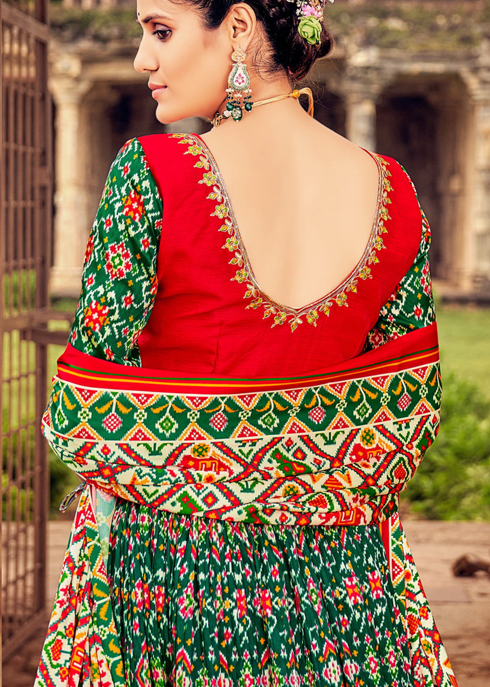 Green & Red Patola Printed Banarasi Silk Lehenga Choli with Embroidery Work