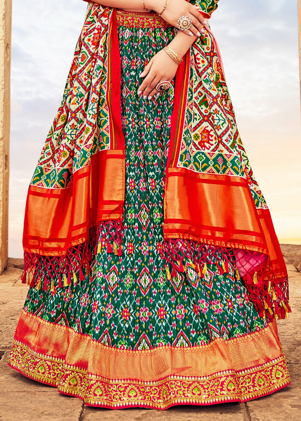 Green & Red Patola Printed Banarasi Silk Lehenga Choli with Embroidery Work