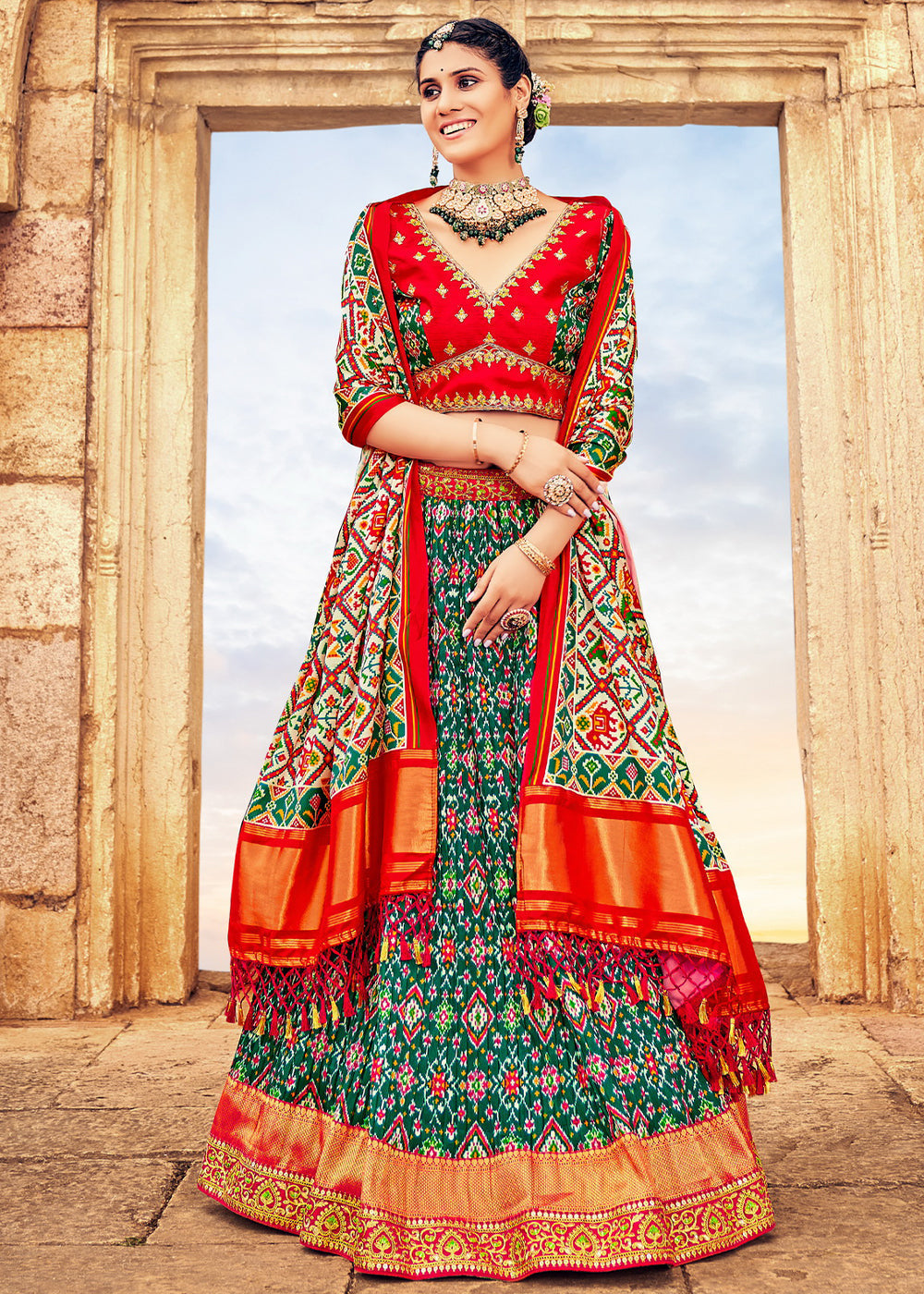 Green & Red Patola Printed Banarasi Silk Lehenga Choli with Embroidery Work