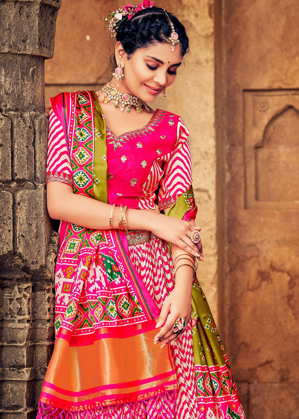 Shades Of Pink Patola Printed Banarasi Silk Lehenga Choli with Embroidery Work