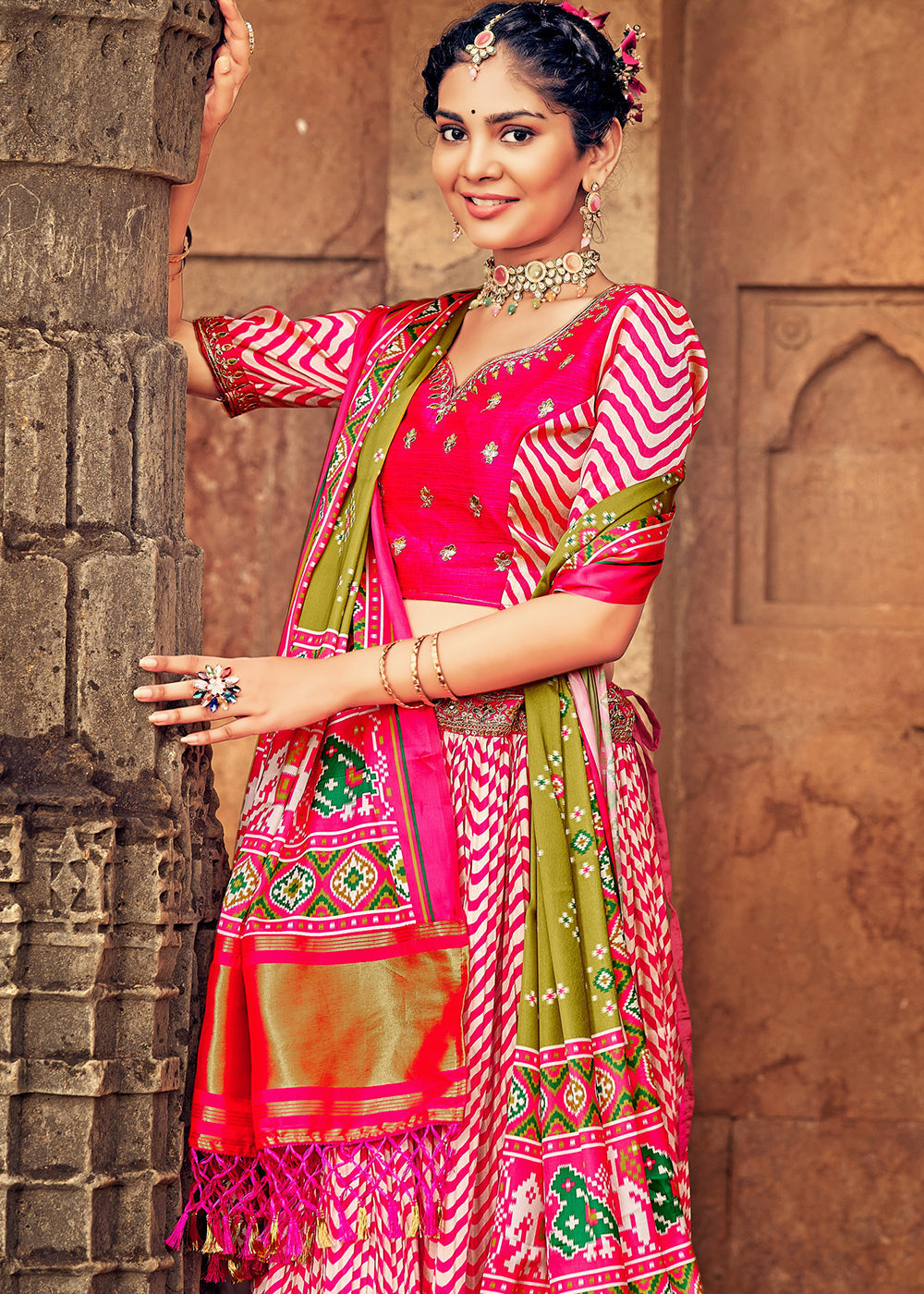 Shades Of Pink Patola Printed Banarasi Silk Lehenga Choli with Embroidery Work