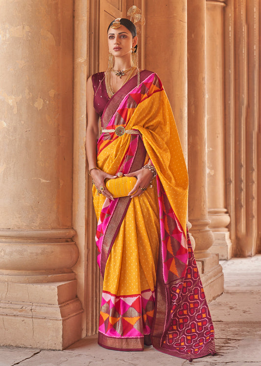 Saffron Yellow Designer Printed Silk Saree with Contrast Blouse & Pallu