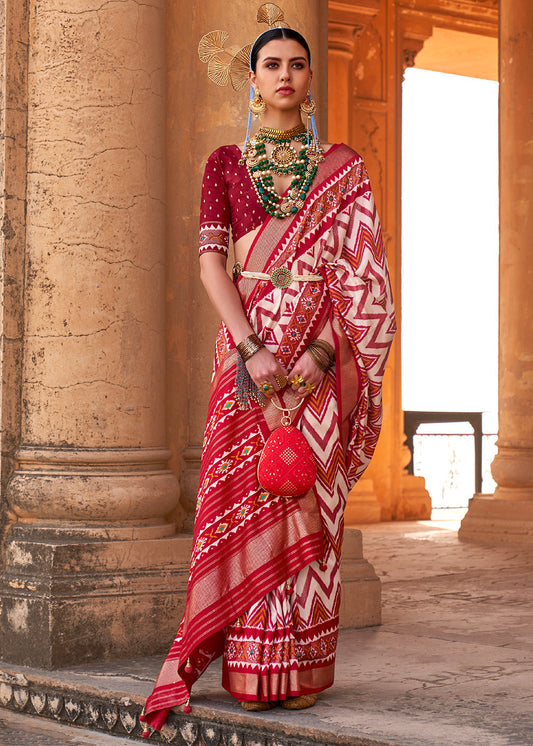 White & Red Designer Printed Silk Saree