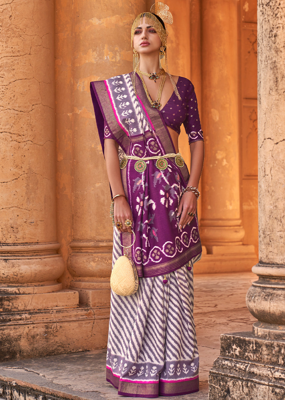 Midnight Purple & White Designer Printed Silk Saree with Contrast Blouse & Pallu