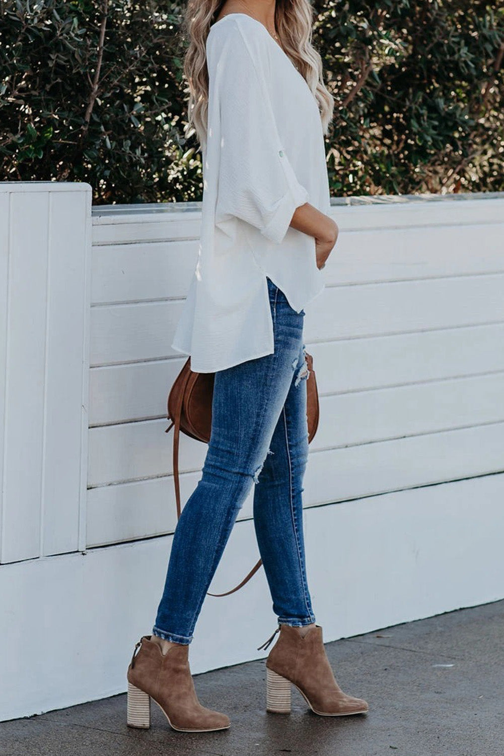 V-Neck Slit High-Low Blouse