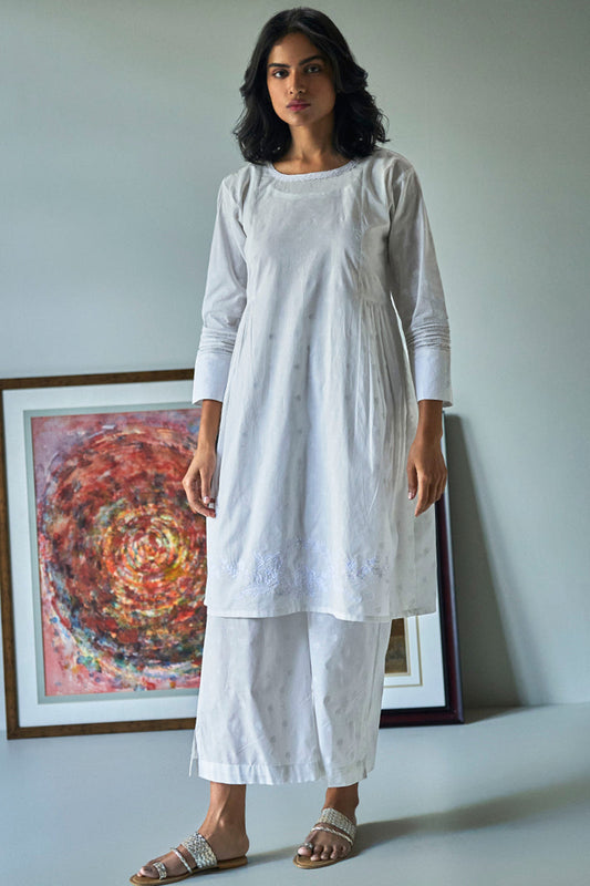 White Block Printed Cotton Co-ord Set With Embroidery and Lace Detailing