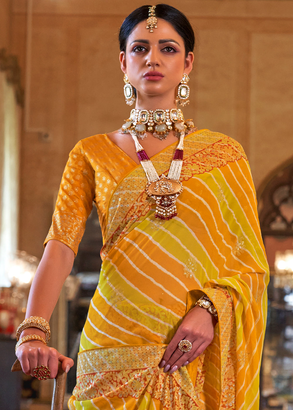 Yellow & Orange Leheriya Printed Georgette Saree with Gota Patti work