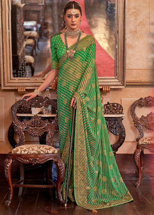 Sea Green Leheriya Printed Georgette Saree with Gota Patti work