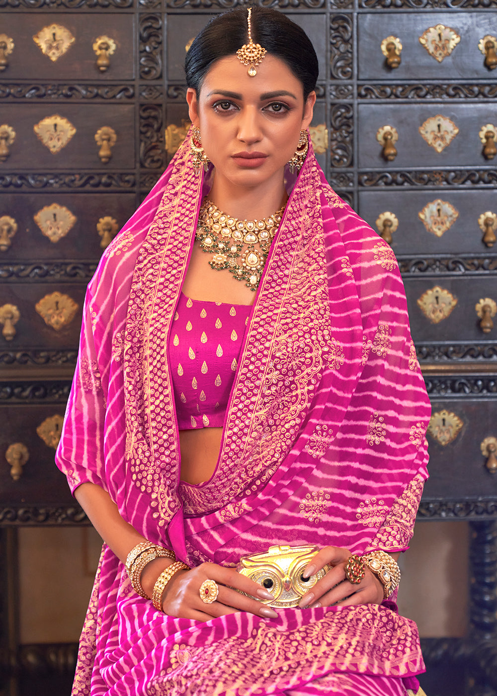 Fuchsia Pink Leheriya Printed Georgette Saree with Gota Patti work