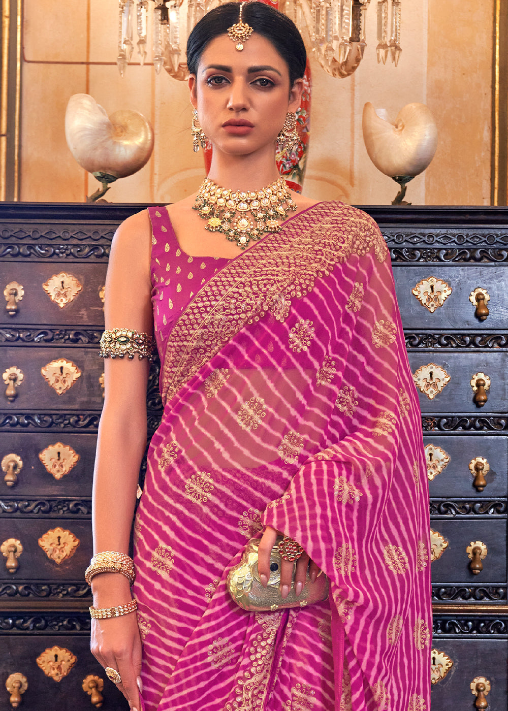 Fuchsia Pink Leheriya Printed Georgette Saree with Gota Patti work