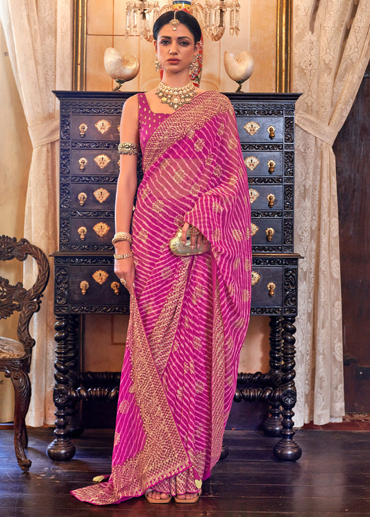 Fuchsia Pink Leheriya Printed Georgette Saree with Gota Patti work