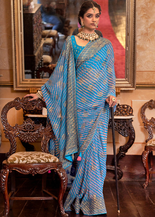 Shades Of Blue Leheriya Printed Georgette Saree with Gota Patti work