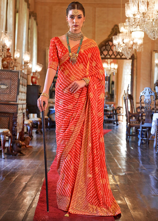 Tart Red Leheriya Printed Georgette Saree with Gota Patti work