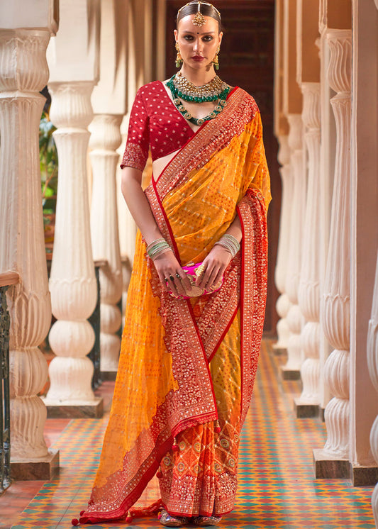 Saffron Yellow Leheriya Printed Georgette Saree with Gota Patti work