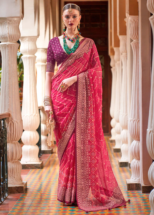 Rouge Pink Leheriya Printed Georgette Saree with Gota Patti work