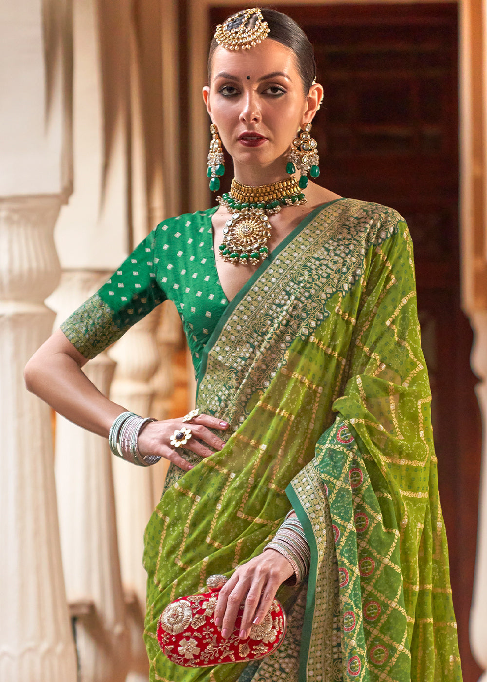 Olive Green Leheriya Printed Georgette Saree with Gota Patti work