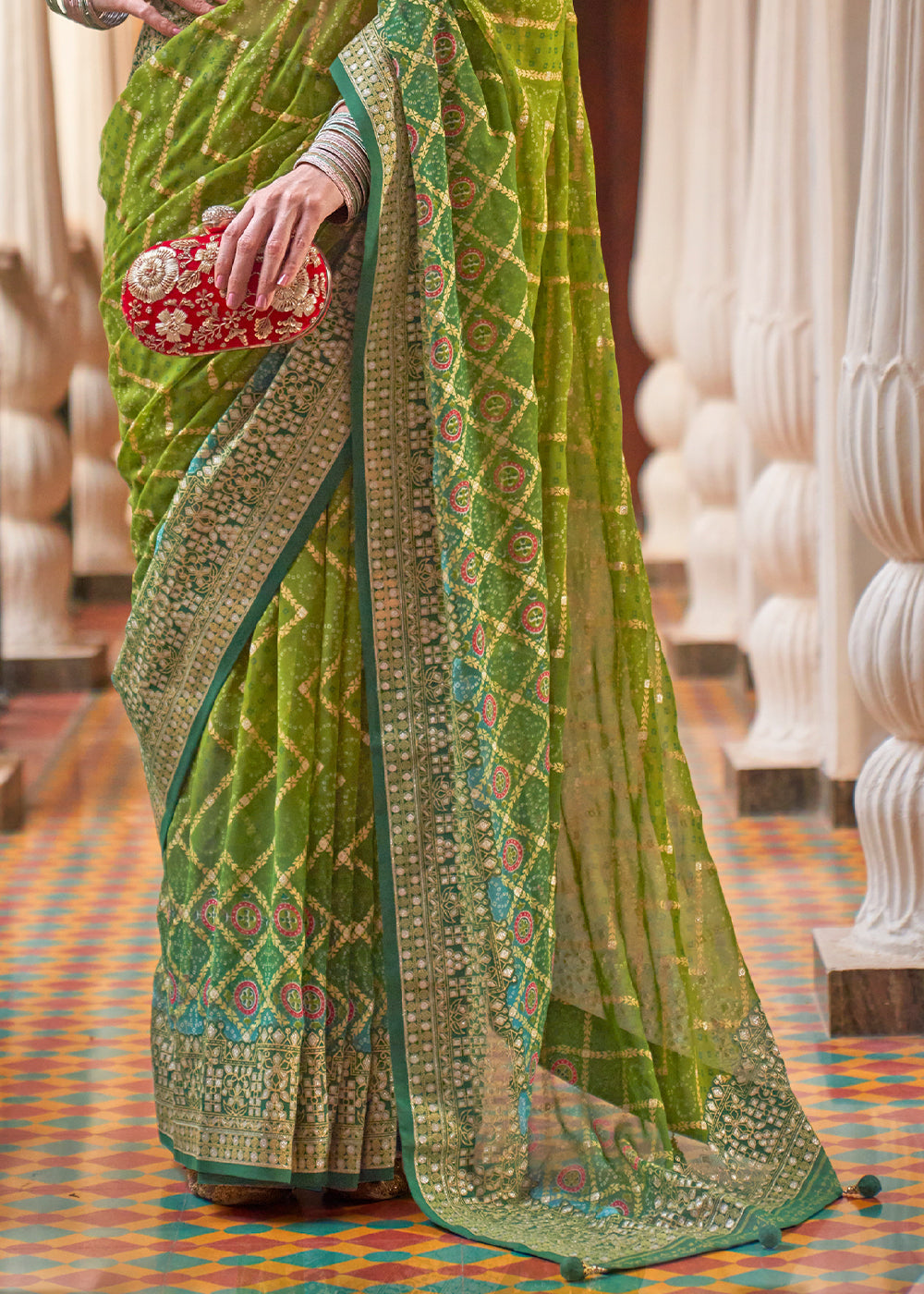 Olive Green Leheriya Printed Georgette Saree with Gota Patti work