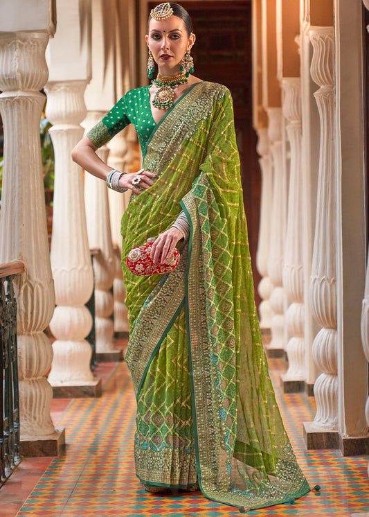 Olive Green Leheriya Printed Georgette Saree with Gota Patti work