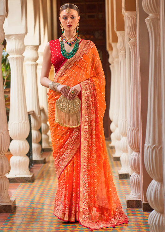 Portland Orange Leheriya Printed Georgette Saree with Gota Patti work