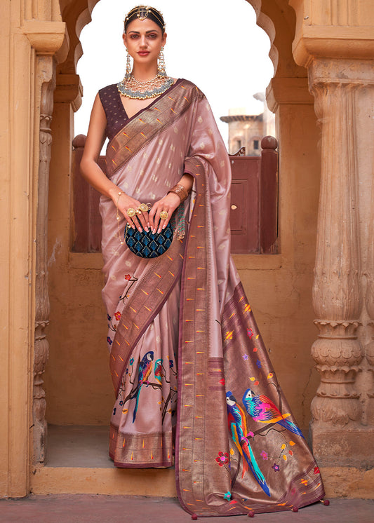 Pink & Brown Paithani Silk Saree