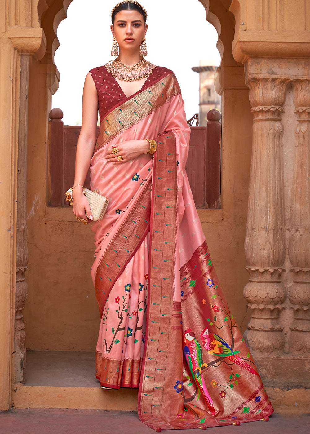 Brown & Pink Paithani Silk Saree