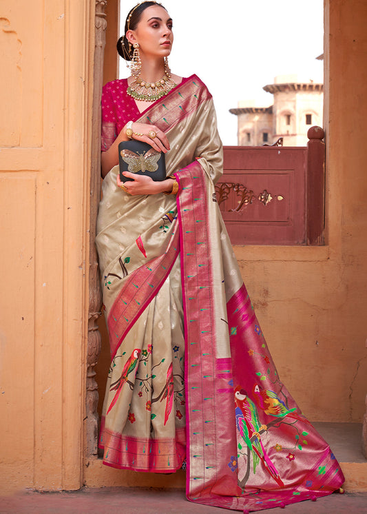 Brown & Pink Paithani Silk Saree