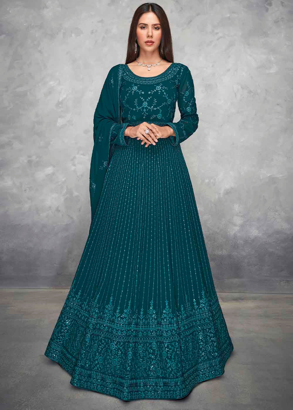 Prussian Blue Embroidered Georgette Anarkali Suit