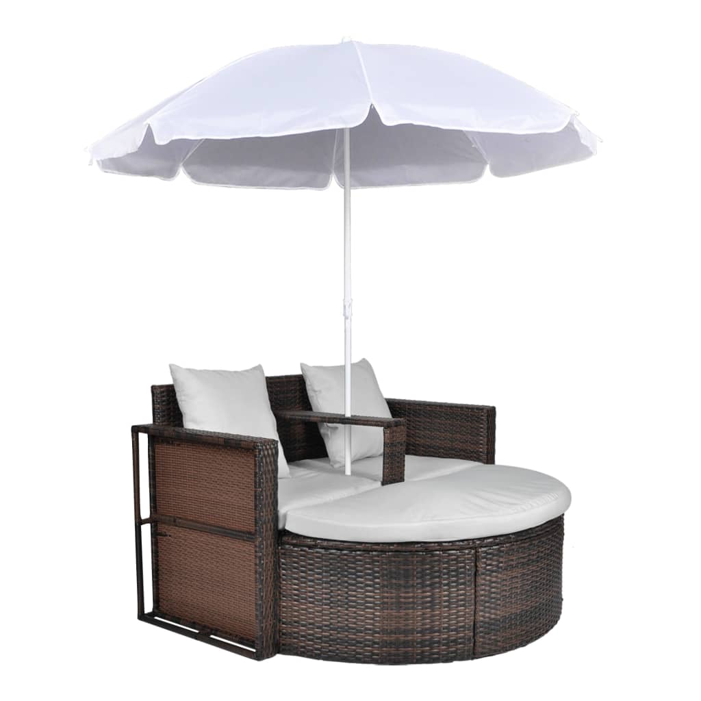 Gartenbett mit Sonnenschirm Braun Poly Rattan