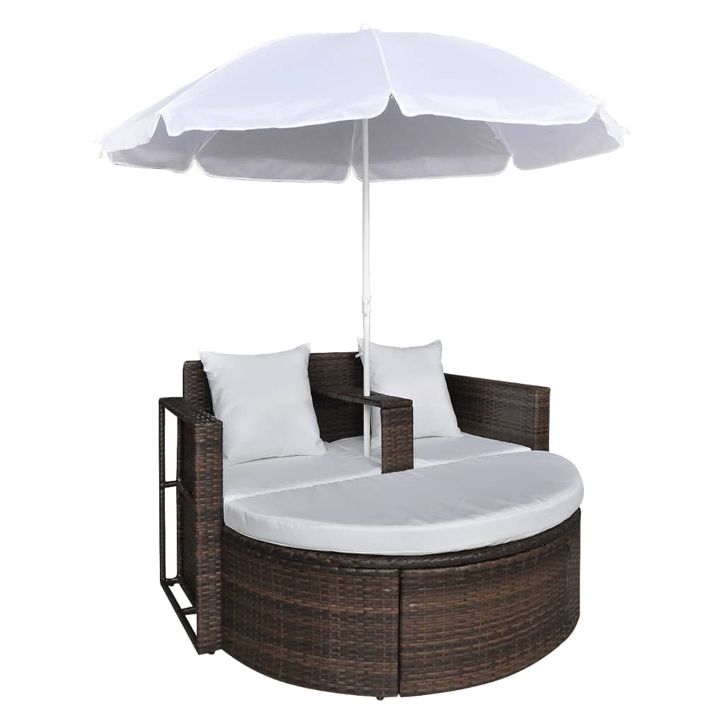Gartenbett mit Sonnenschirm Braun Poly Rattan