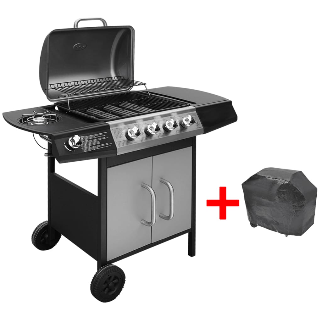 Gasgrill 4+1 Brenner Schwarz und Silbern