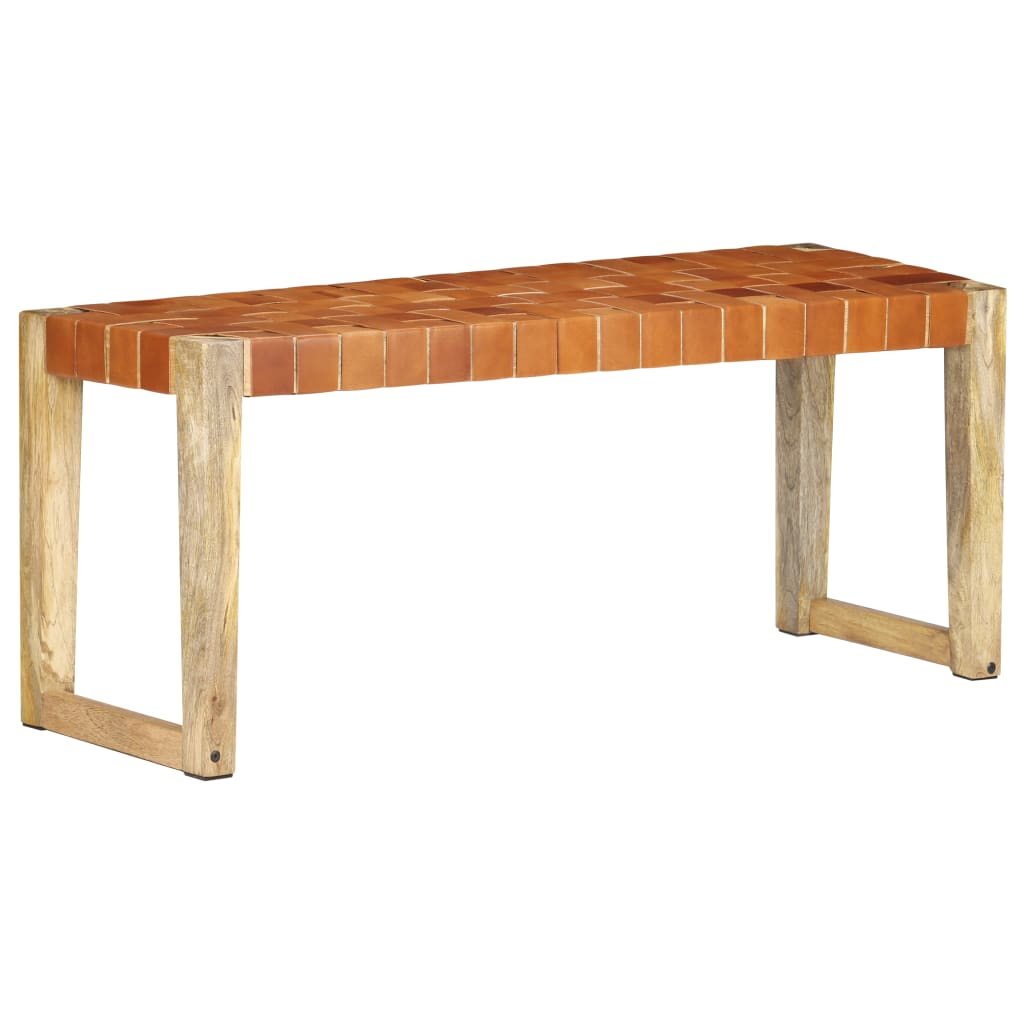 Bank 110 cm Braun Echtleder und Massivholz Mango